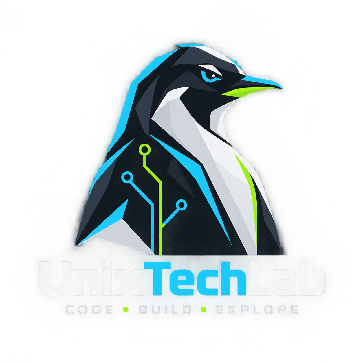UnixTechLab penguin with cyan and lime circuit details